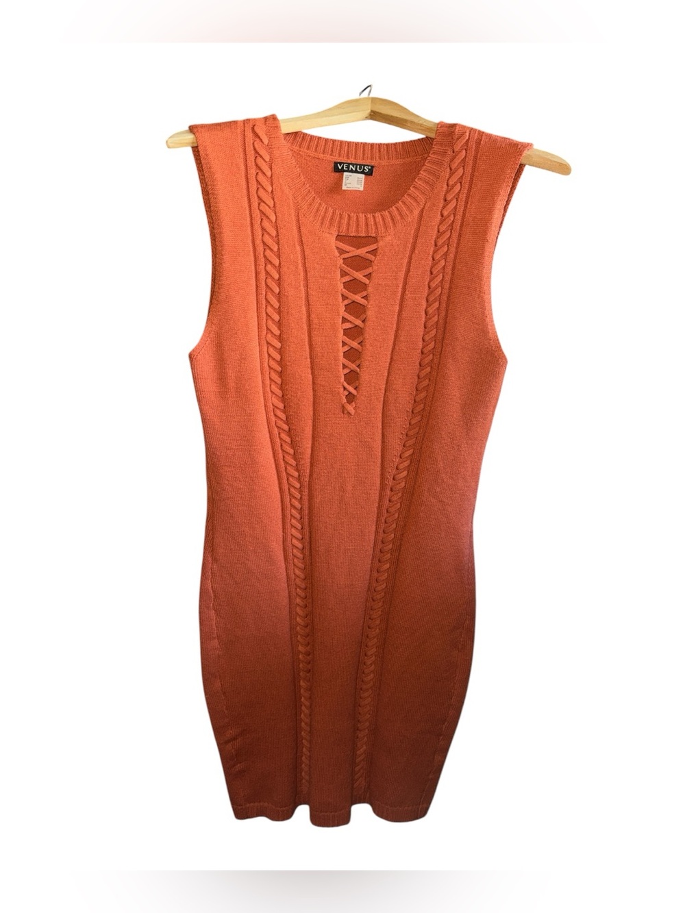 VENUS Pumpkin Orange Lace-Up Knit Sleeveless MIDI Sweater Dress Fall Autumn Chic